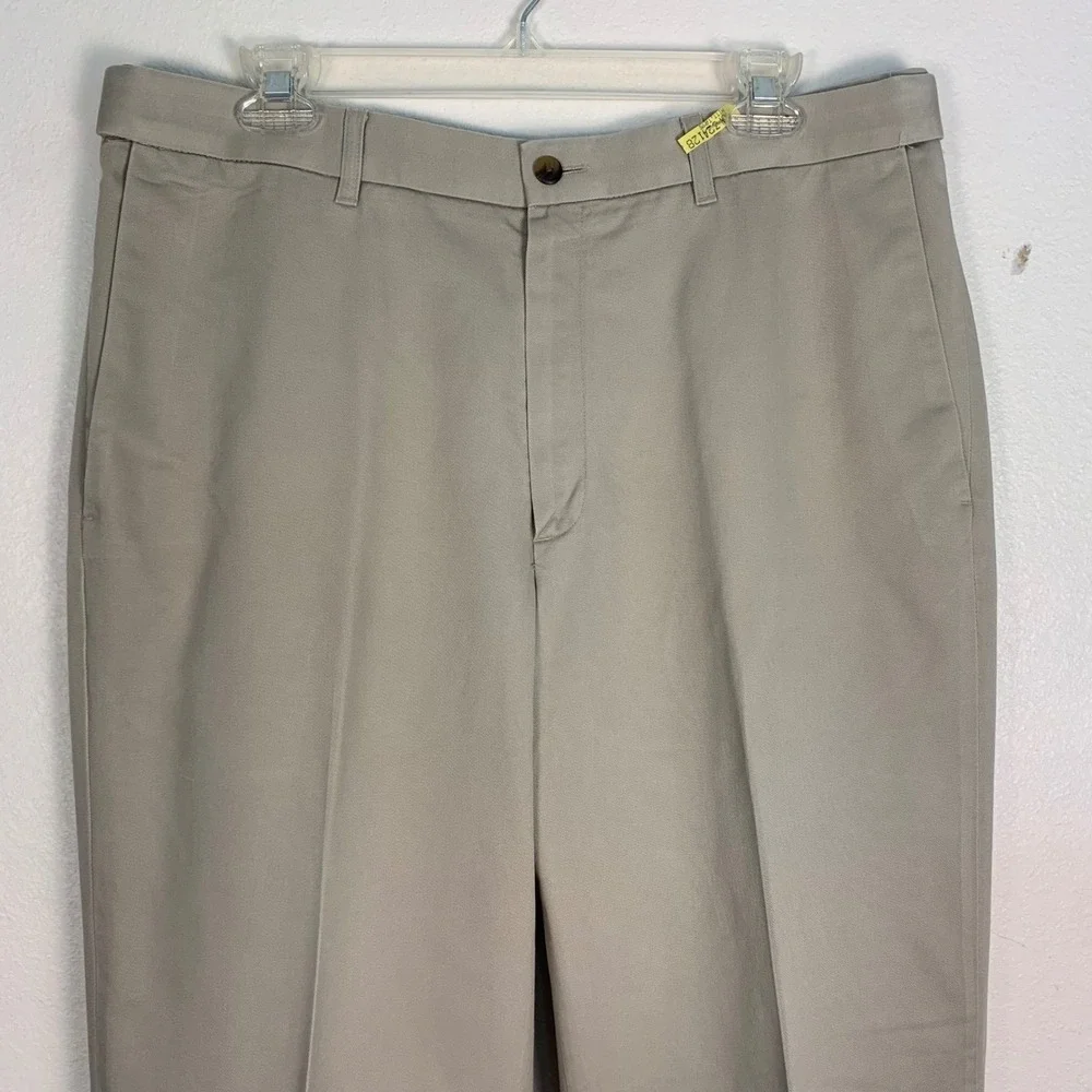 Haggar Mens Dress Pants 36x32 Khaki Flat Front Expandable Waist Cotton‎